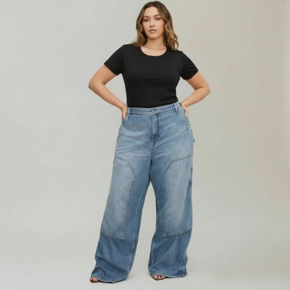 Wide Leg Patchwork Jeans - Blue